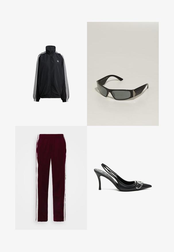 Black zip-up jacket made of lightweight material. Features a high collar, elastic cuffs, and white stripes down the sides. Small logo on chest.; White fitted T-shirt made of cotton, featuring a round neckline and short sleeves, with a light blue embroidered logo on the front.; Burgundy athletic pants with a drawstring waist, white side stripes, and a slim fit. Made from a smooth, lightweight fabric.; Black slingback high heels with a pointed toe, featuring a shiny silver buckle detail and a slender heel. Smooth leather texture, minimalistic design.; Black sunglasses with a rectangular shape, gray tinted lenses, and metallic accents on the temples. Features plastic frames and a smooth texture.