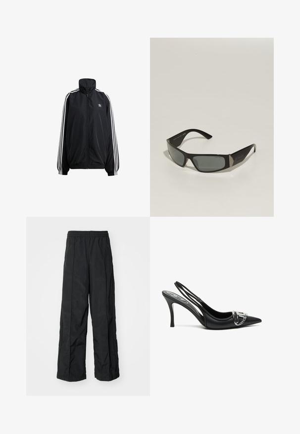 Crna jakna na zatvaranje sa laganim materijalom. Ima visoki ovratnik, elastične manžete i bijele pruge sa strane. Mali logo na prsima.; Bijela uska majica od pamuka, s okruglim izrezom i kratkim rukavima, s svijetloplavim izvezenim logom na prednjoj strani.; Crne hlače širokih nogavica s elastičnim pojasom, s glatkom teksturom i detaljima sa strane za dodatni dizajn.; Crne slingback pete s šiljastim prstom, s detaljem sjajnog srebrnog kopčanja i tankim potplatom. Glatka kožna tekstura, minimalistički dizajn.; Crne sunčane naočale s pravokutnim oblikom, sivim staklima i metalnim detaljima na stranama. Imaju plastične okvire i glatku teksturu.