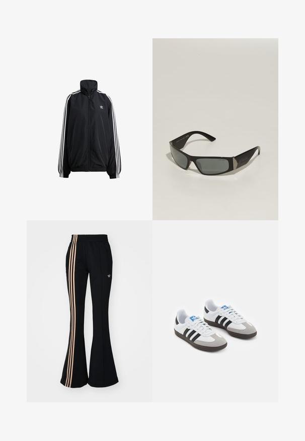 Juodas užtrauktuku užsegamas švarkas, pagamintas iš lengvos medžiagos. Yra aukšta apykaklė, elastinės rankogaliai ir baltos juostelės šonuose. Mažas logotipas ant krūtinės.; Baltas figūruotas marškinėlis pagamintas iš medvilnės, turintis apvalų kaklą ir trumpas rankoves, priekyje su šviesiai mėlynu išsiuvinėtu logotipu.; Juodos sportinės kelnės su plačiais skaičiais, aukštu juosmeniu, su trimis vertikaliomis šviesiai rožinėmis juostelėmis šonuose ir mažuoju logotipu ant klubų.; Sportiniai batai su balta odine viršutine dalimi, pilku zomšiniu priekiu ir trimis juodomis juostelėmis. Ant liežuvio yra mėlynas logotipas, o padas pagamintas iš tekstūruoto gumos.; Juodos akiniai saulėms, stačiakampio formos, su pilkai tonuotais stiklais ir metalinėmis detalėmis ant šventyklų. Rėmeliai pagaminti iš plastiko, turi lygų paviršių.