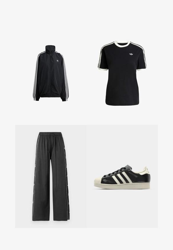 Schwarze Zip-Jacke aus leichtem Material. Mit hohem Kragen, elastischen Bündchen und weißen Streifen an den Seiten. Kleines Logo auf der Brust.; Schwarzes Baumwoll-T-Shirt mit weißen Akzenten am Kragen und an den Ärmeln, ausgestattet mit drei weißen Streifen auf jeder Schulter und einem kleinen Logo auf der Brust.; Schwarze weit geschnittene Hose mit elastischem Bund und Kordelzug, mit weißen gestickten Akzenten entlang der Seitennaht. Glatte Textur.; Schwarze Ledersneaker mit weißen Streifen, Gummikappe, schwarzen Schnürsenkeln und einer cremefarbenen Sohle. Glatte Textur mit glänzender Oberfläche.