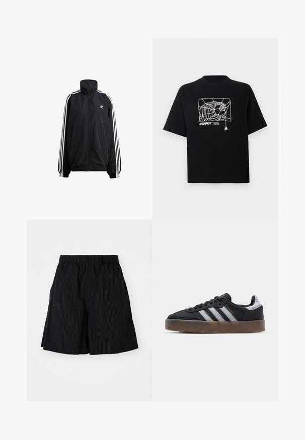 Zwarte ritsjack gemaakt van lichtgewicht materiaal. Voorzien van een hoge kraag, elastische manchetten en witte strepen aan de zijkanten. Klein logo op de borst.; Zwarte T-shirt van katoen met korte mouwen. Voorzien van een witte spinnenwebgrafiek en logo op de voorkant. Eenvoudige ronde halslijn.; Zwarte shorts gemaakt van textielstof met een geribbeld patroon. Voorzien van een elastische tailleband en een ontspannen pasvorm. Einde net boven de knie.; Zwarte sneakers met een slank ontwerp, voorzien van drie witte strepen, een zwarte tong en een gestructureerde bruine rubberen zool. Accenten van gouden letters.