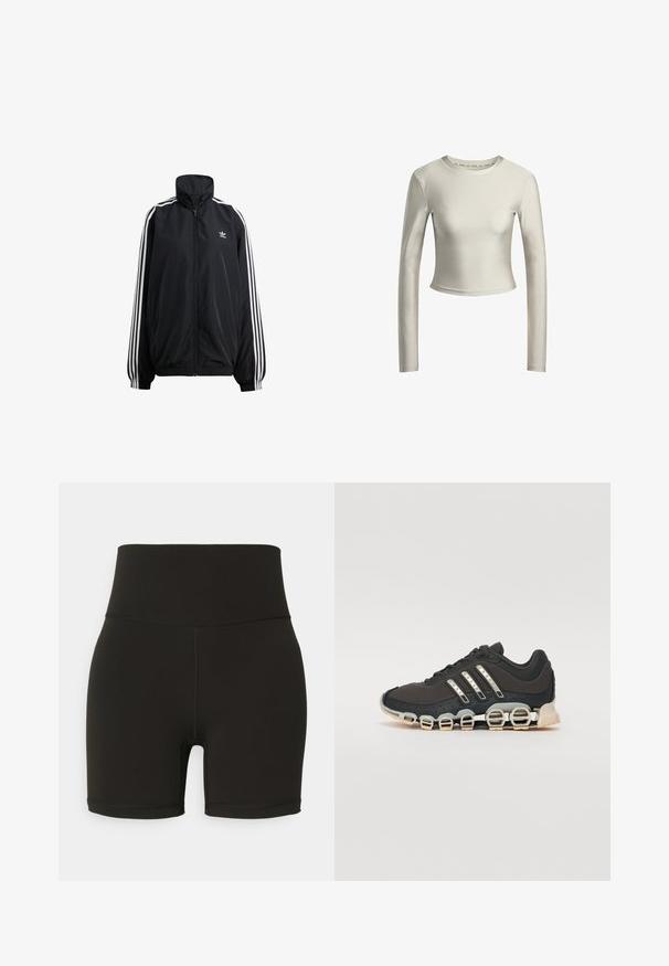 Svart zip-up jacka i lätt material. Har en hög krage, elastiska ärmslut och vita ränder längs sidorna. Litet logotyp på bröstet.; Långärmad crop top i ljus krämfärg, tillverkad av ett mjukt, stretchigt material med rund halsringning och minimalistisk design.; Svarta cykelshorts med hög midja, tillverkade av stretchigt material, med en sömlös design och stickade detaljer, som slutar ovanför knäet.; Svart sportskor med en texturerad överdel, tre silverränder och en distinkt stötdämpande sula med flera integrerade sektioner.