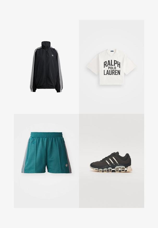 Casaco preto com fecho éclair feito de material leve. Apresenta gola alta, punhos elásticos e riscas brancas nas laterais. Pequeno logótipo no peito.; T-shirt branca cortada em algodão com texto preto em negrito "RALPH" acima de "POLO LAUREN". Mangas curtas, decote redondo, design simples.; Calções atléticos verde-azulados com um cós elástico, apresentam detalhes laterais em riscas rosa e branco, e bolsos laterais com fecho. Logótipo na bainha.; Shoe desportivo preto com um upper texturizado, três riscas prateadas e uma sola de amortecimento distinta, apresentando múltiplas secções integradas.