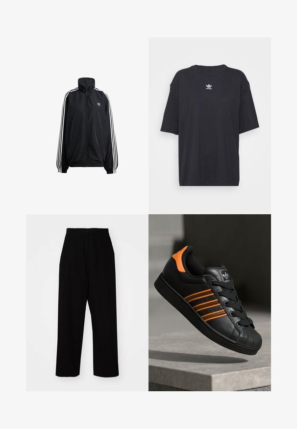 Chaqueta negra con cremallera fabricada en material ligero. Presenta un alto cuello, puños elásticos y rayas blancas a los lados. Pequeño logotipo en el pecho.; Camiseta de algodón negra con mangas cortas, cuello redondo, presenta un logo blanco de Adidas en el pecho. Diseño simple, ajuste relajado.; Pantalones negros de algodón resistente. Con un diseño de pierna recta, presillas para cinturón, cierre de botón y un bajo limpio.; Zapatilla negra con acentos naranjas, tres franjas horizontales, parte superior de cuero texturizado, punta de goma y cordones negros.
