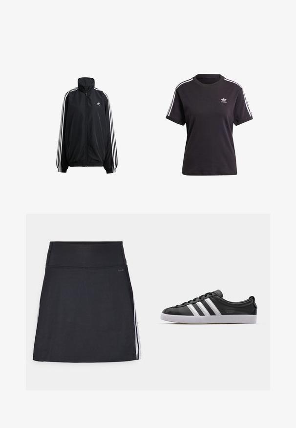 Juodas užtrauktuku užsegamas švarkas, pagamintas iš lengvos medžiagos. Yra aukšta apykaklė, elastinės rankogaliai ir baltos juostelės šonuose. Mažas logotipas ant krūtinės.; Juodas medvilninis trumpa rankovėmis marškinėliai su apvalia iškirpte, su baltais dryžiais ant pečių ir maža balta Adidas logo ant krūtinės.; Juodas sportinis šortai su plačiu juosmeniu, pagaminti iš tamprios medžiagos. Su baltais šoninėmis juostelėmis ir lygiu, besiūliu paviršiumi.; Juodos odinės sportinės bateliai su baltu trimis juostelėmis, apvaliu pirštu, plokščiu baltu guminio pado ir prekės ženklo detale šone.
