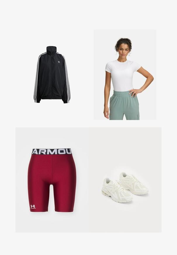 Black zip-up jacket made of lightweight material. Features a high collar, elastic cuffs, and white stripes down the sides. Small logo on chest.; White fitted t-shirt with short sleeves, paired with light green elastic waistband pants. Smooth texture, minimalist design, and no visible patterns.; Red compression shorts with a black elastic waistband featuring white "ARMOUR" text and Under Armour logo on the lower left leg.; White athletic shoes with mesh and synthetic materials, lace-up design, padded collar, and textured sole for grip. Lightweight construction.