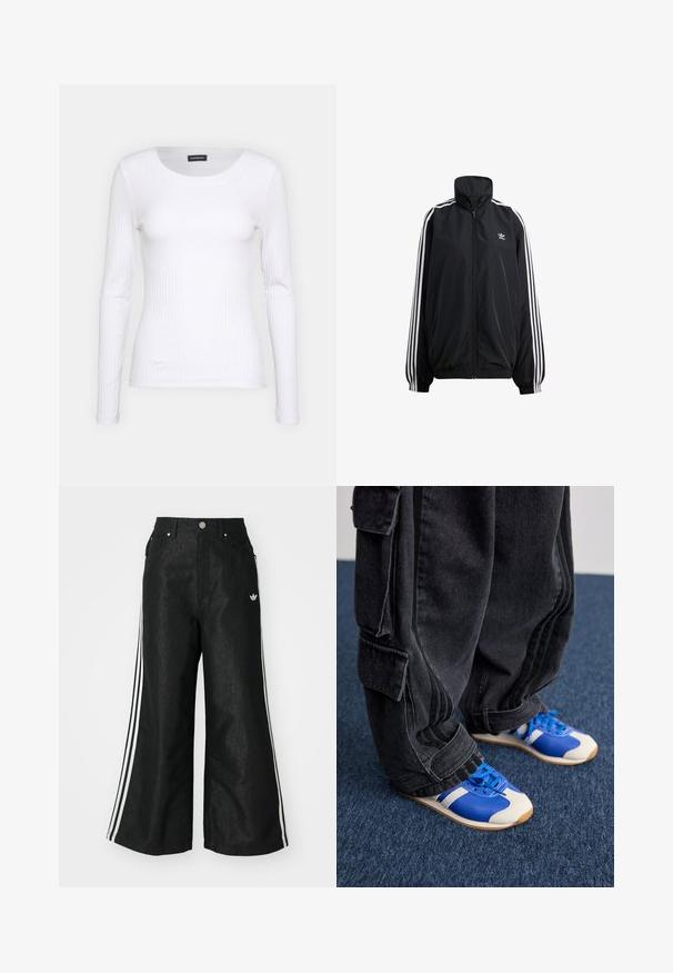 Czarna kurtka zip-up wykonana z lekkiego materiału. Posiada wysoki kołnierz, elastyczne mankiety i białe paski po bokach. Małe logo na klatce piersiowej.; Biała, prążkowana bluzka z długim rękawem i okrągłym dekoltem. Wykonana z elastycznej tkaniny, która dobrze przylega do ciała. Posiada subtelne poziome pasy.; Czarne dżinsy o szerokich nogawkach z trzema białymi paskami po bokach i małym białym logo. Posiadają przednie kieszenie i zapięcie na guzik.; Osoba w luźnych czarnych spodniach cargo i niebiesko-białych sneakersach stoi na ciemnoniebieskim dywanie.