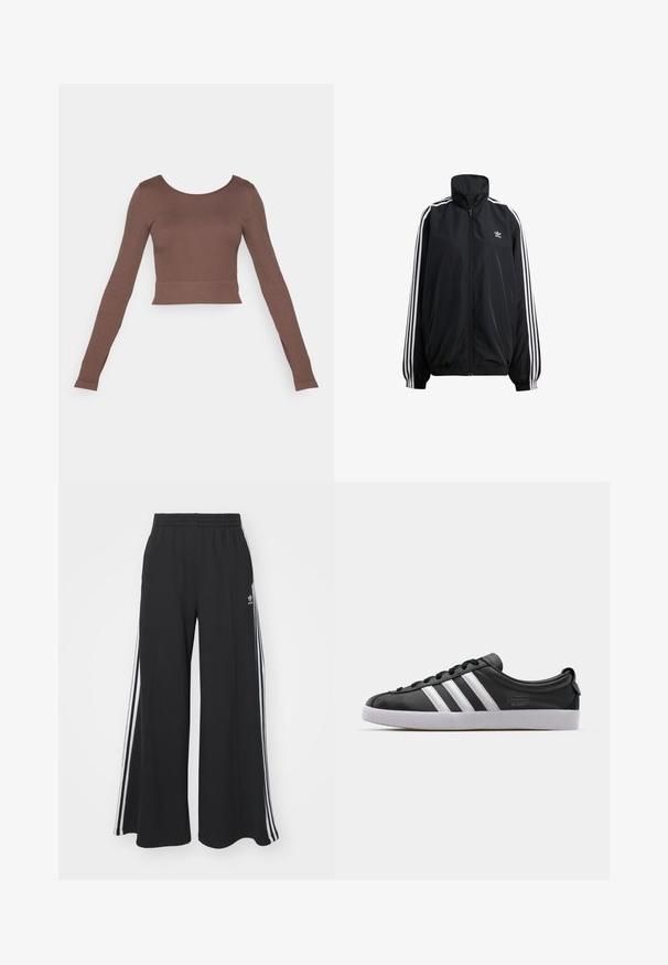 Casaco preto com fecho éclair feito de material leve. Apresenta gola alta, punhos elásticos e riscas brancas nas laterais. Pequeno logótipo no peito.; Top cropped de mangas longas castanho, feito de tecido canelado, com um decote redondo e silhueta ajustada, apresentando uma bainha limpa e punhos sem costura.; Calças de suor largas e pretas com uma cintura elástica, apresentando riscas brancas nas laterais e um logótipo bordado na coxa esquerda.; Sapatilha de couro preta com um design de três riscas brancas, bico arredondado, sola plana de borracha branca e detalhe da marca na lateral.