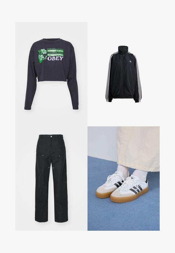Black zip-up jacket made of lightweight material. Features a high collar, elastic cuffs, and white stripes down the sides. Small logo on chest.; Black cropped long-sleeve shirt with green and purple text stating "Everything I learned... about life I learned from growing OBEY," featuring floral accents.; Black trousers with a straight-leg design, made of a textured fabric. Features decorative silver hardware and unique seam detailing.; White sneakers with black stripes and beige suede accents. Feature a textured gum sole and flat white laces, worn with light-colored socks.