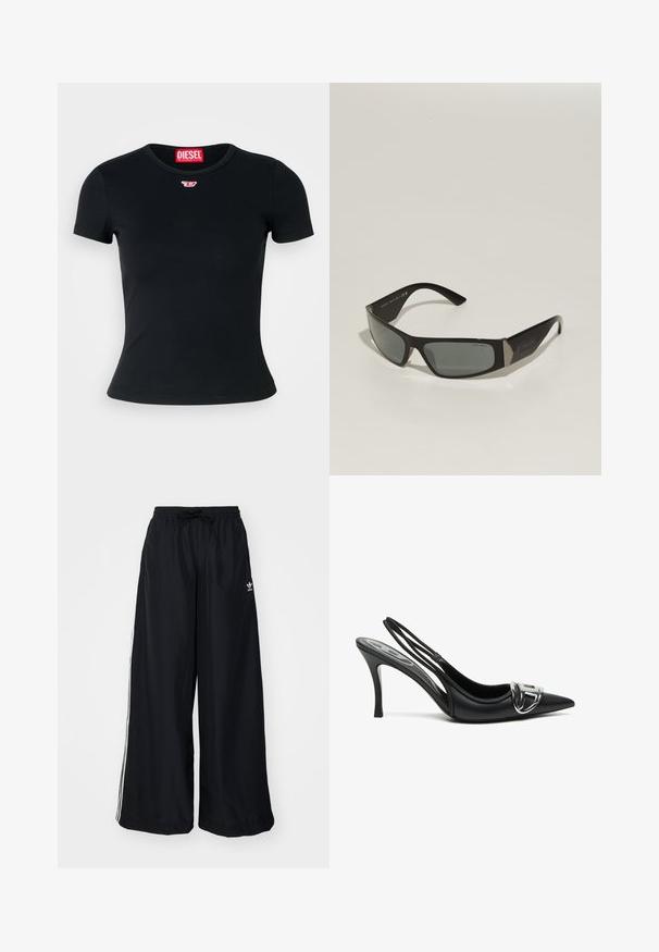 Black zip-up jacket made of lightweight material. Features a high collar, elastic cuffs, and white stripes down the sides. Small logo on chest.; Black ribbed t-shirt with a rounded crew neckline. Features a small red Diesel logo on the chest. Short sleeves and a form-fitting shape.; Black wide-leg pants made from lightweight fabric. Features an elastic waistband with drawstring and white side stripes. Brand logo on hip.; Black slingback high heels with a pointed toe, featuring a shiny silver buckle detail and a slender heel. Smooth leather texture, minimalistic design.; Black sunglasses with a rectangular shape, gray tinted lenses, and metallic accents on the temples. Features plastic frames and a smooth texture.