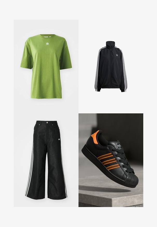 Fekete, könnyű anyagból készült zipzáras dzseki. Magas gallérral, elasztikus mandzsettákkal és fehér csíkokkal a oldalán. Kicsi logó a mellrészen.; Zöld pamut póló rövid ujjakkal, kerek nyakkivágással és fehér Adidas logóval a mellkason. Sima textúra, kényelmes szabás.; Fekete, bő szárú farmernadrág, mindkét oldalon három fehér csík díszítéssel és egy kis fehér logóval. Elölzsebekkel és gombos záródással rendelkezik.; Fekete sportcipő narancssárga részletekkel, három vízszintes csíkkal, texturált bőr felsőrésszel, gumis orral és fekete fűzőkkel.