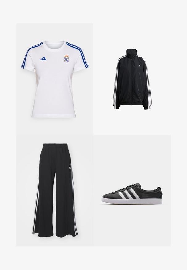 Melna zipa jaka, izgatavota no viegla materiāla. Iekļauj augstu apkakli, elastīgas aproces un baltas svītras sānos. Mazs logs krūtīs.; Balts kokvilnas T-krekls ar zilām Adidas svītrām uz piedurknēm, ar Real Madrid logo uz krūtīm un klasisku apkakles dizainu.; Melnas plašas sporta bikses ar elastīgu jostasvietu, kurām ir baltas sānu svītras un izšūts logo kreisajā augšstilbā.; Melnas ādas sporta kurpes ar baltu trīs svītru dizainu, noapaļota purngala forma, plāns balts gumijas zole un zīmola detaļa sānos.