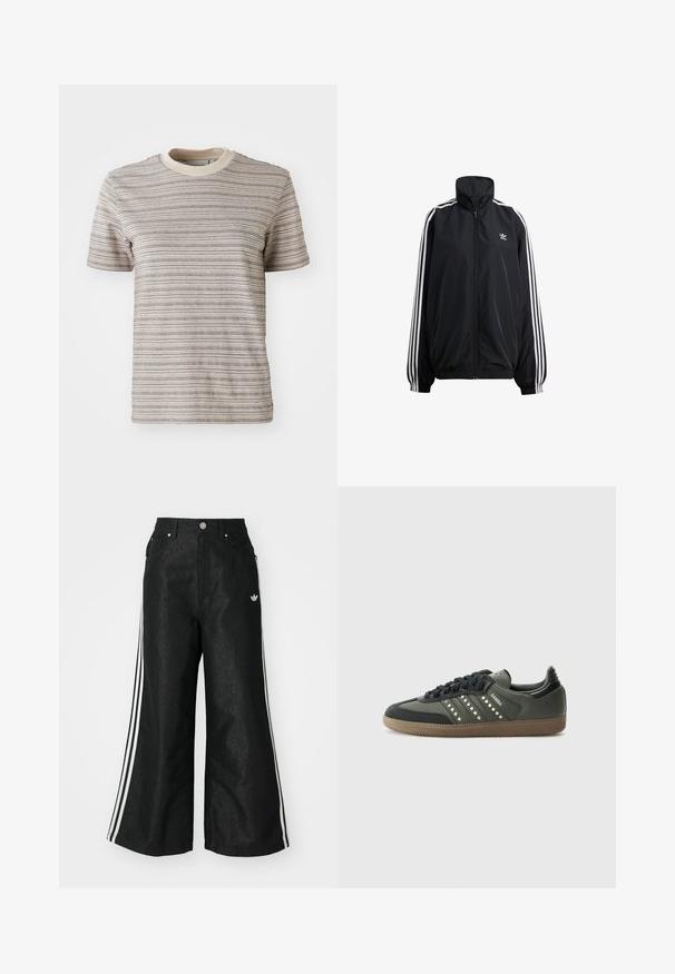 Juodas užtrauktuku užsegamas švarkas, pagamintas iš lengvos medžiagos. Yra aukšta apykaklė, elastinės rankogaliai ir baltos juostelės šonuose. Mažas logotipas ant krūtinės.; Dryžuotas trumpas rankovėmis marškinėliai smėlio ir kreminės spalvos. Yra apvalus kaklas su kontrastinga apykakle ir tekstūruotas audinio raštas.; Juodos plačios džinsinės kelnės su trimis baltais juostelėmis kiekvienoje pusėje ir mažu baltu logotipu. Yra priekiniai kišenės ir sagčių užsegimas.; adidas Originals SAMBA OG - Sportbačiai - core black/legend earth/gum