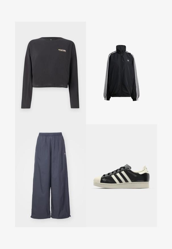 Sort lynlåsjakke lavet af letvægtsmateriale. Har en høj krave, elastiske manchetter og hvide striber ned ad siderne. Lille logo på brystet.; Afskåret langærmet t-shirt i mørkegrå bomuld, med et lille, multifarvet Rip Curl-logo på brystet og en afslappet pasform.; Mørkegrå vidde bukser med elastisk talje og sidelommer med lynlåse. Letvægtsmateriale, glat tekstur, med et minimalistisk logo.; Sort lædersneakers med hvide striber, gummitåkap, sorte snørebånd og en cremefarvet ydersål. Glat tekstur med blank overflade.