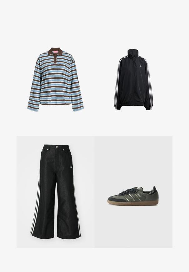 Must värviga lukuga jope, mis on valmistatud kergest materjalist. Omab kõrget krae, elastseid randmeid ja valgeid riba külgedel. Väike logo rinnal.; Rö stripesiga pikkade varrukatega polo särk helesinisest ja pruunist. Omab pruuni kaelust, kolme nupuga nööpide rivi ja mugavat lõiget. Puuvillane materjal.; Mustad mustadeline denimipüksid, millel on kummalgi küljel kolm valget triipu ja väike valge logo. Omab esikotte ja nööbiga kinnihoidmist.; adidas Originals SAMBA OG - Tossud - core black/legend earth/gum