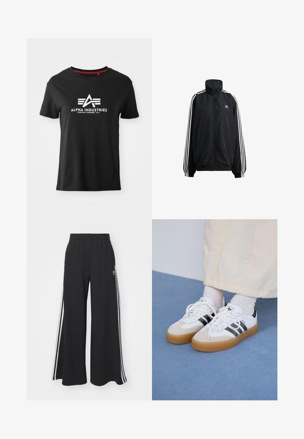 Juodas užtrauktuku užsegamas švarkas, pagamintas iš lengvos medžiagos. Yra aukšta apykaklė, elastinės rankogaliai ir baltos juostelės šonuose. Mažas logotipas ant krūtinės.; Juodas medvilnės marškinėliai su apvaliu kaklu ir trumpomis rankovėmis. Priekyje yra ryškus baltas logotipas su stilizuotais rašmenimis ir akcentinėmis linijomis.; Juodos plačios kojų džinsinės kelnės su elastingu juosmeniu, turinčios baltas šonines juosteles ir išsiuvinėtą logotipą kairiajame šlaunyje.; Baltos sportbačiai su noir juostomis ir šviesiai rudos zomšos akcentais. Yra tekstūruota gumos padas ir plokščiomis baltomis raištelėmis, dėvimi su šviesiai spalvotomis kojinėmis.