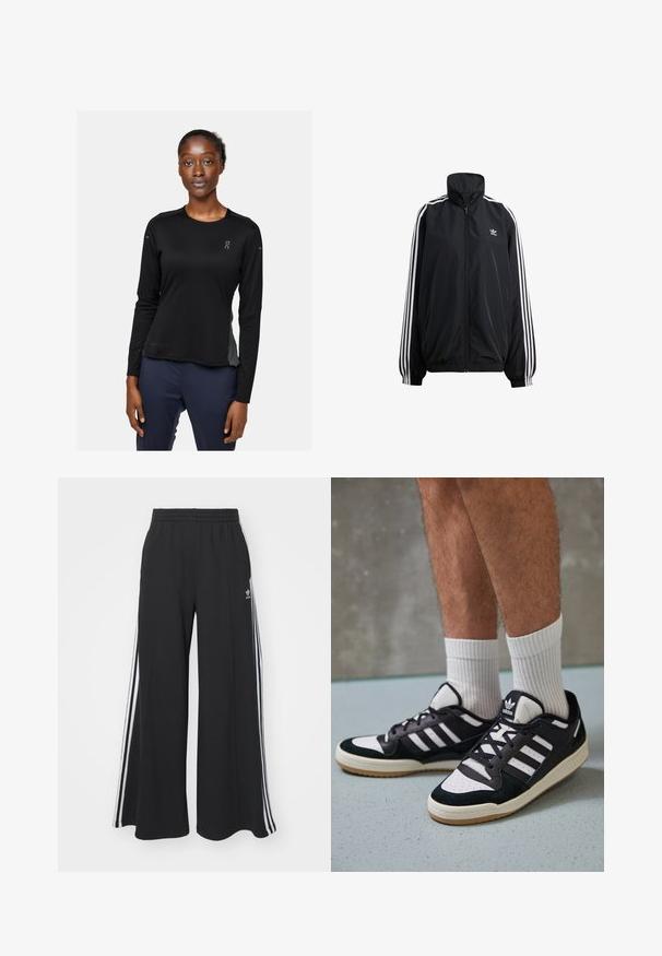 Svart zip-up jacka i lätt material. Har en hög krage, elastiska ärmslut och vita ränder längs sidorna. Litet logotyp på bröstet.; Svart långärmad träningsskjorta med tyg märkt "DRYTEC™." Har rund hals, en mjuk textur och logotyp på vänster bröst och ärm.; Svarta vida sweatpants med elastisk midje, med vita sidosträck och en broderad logotyp på vänster lår.; Svartvita sneakers med ovandel i mocka och läder, med tre vita ränder, perforerad tå och sula av gummigummi.