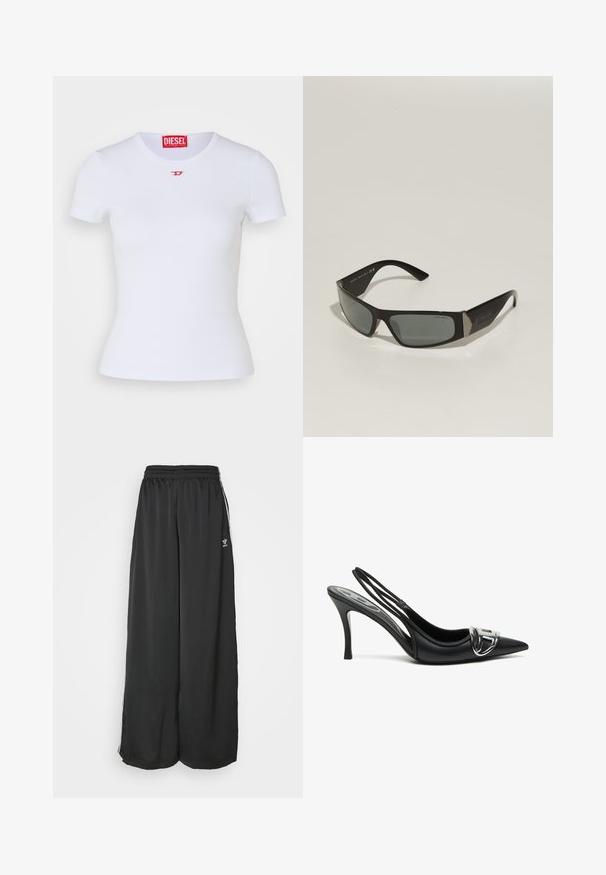 Chaqueta negra con cremallera fabricada en material ligero. Presenta un alto cuello, puños elásticos y rayas blancas a los lados. Pequeño logotipo en el pecho.; Camiseta ajustada blanca de manga corta. Textura acanalada, escote redondo. Pequeño logotipo rojo "D" en el pecho. Fabricada con tejido elástico.; Pantalones de chándal negros de corte holgado, fabricados en un tejido suave. Cuentan con una cintura elástica y rayas laterales con acentos de logo.; Zapatos de tacón alto de charol negros con tira trasera y punta afilada, que presentan un detalle de hebilla plateada brillante y un tacón delgado. Textura de cuero suave, diseño minimalista.; Gafas de sol negras con forma rectangular, lentes ahumados grises y acentos metálicos en las patillas. Cuentan con montura de plástico y una textura suave.