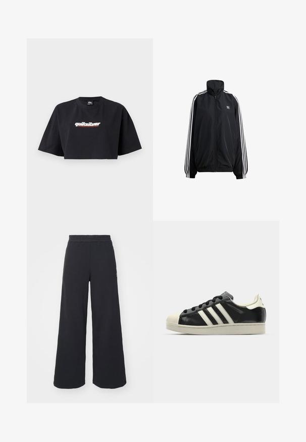 Svart jakke med glidelås laget av lett materiale. Har høy krage, elastiske mansjetter og hvite striper nedover sidene. Lite logo på brystet.; Svart avkortet t-skjorte med korte ermer, laget av bomull. Fronten viser "Quiksilver Boarding Company"-logoen i hvitt og rødt.; Svart bukse med vid benvidde laget av myk stoff, med elastisk midjebånd og en liten logo på venstre side.; Svarte skinnsneakers med hvite striper, gummitopp, svarte lisser og en kremfarget såle. Glatt tekstur med blank finish.