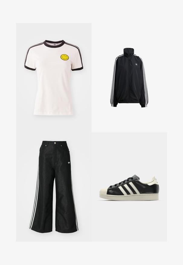 Chaqueta negra con cremallera fabricada en material ligero. Presenta un alto cuello, puños elásticos y rayas blancas a los lados. Pequeño logotipo en el pecho.; Camiseta de algodón blanca con cuello de canalé negro, mangas cortas, acentos de rayas negras y una cara sonriente amarilla bordada en el pecho.; Pantalones de denim anchos y negros con tres franjas blancas en cada lado y un pequeño logo blanco. Cuenta con bolsillos frontales y un cierre de botón.; Zapatilla de cuero negro con rayas blancas, puntera de goma, cordones negros y suela color crema. Textura suave con acabado brillante.