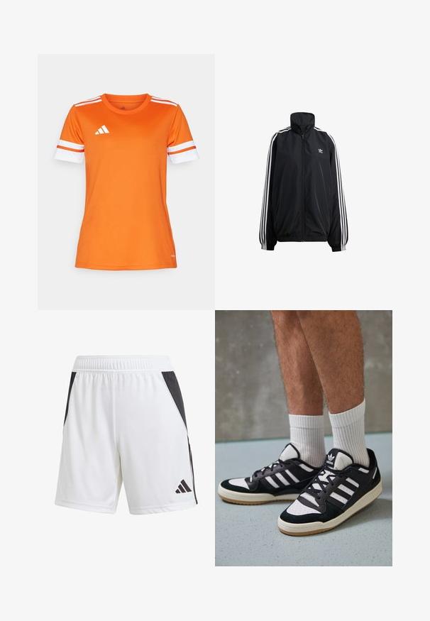 Svart jakke med glidelås laget av lett materiale. Har høy krage, elastiske mansjetter og hvite striper nedover sidene. Lite logo på brystet.; Oransje treningstrøye med hvite og oransje stripete ermer, laget av glatt stoff. Har Adidas-logoen i hvitt på brystet.; Hvite treningsshorts med en svart sidepanel, laget av lett stoff. Har elastisk midje og en svart Adidas-logo på den nedre delen av benet.; Sorte og hvite sneakers med overdel i semsket skinn og lær, med tre hvite striper, perforert tå og en såle av gummi.