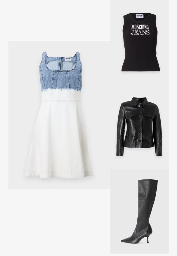 Jachetă din piele neagră cu guler, închidere cu nasturi pe față, două buzunare la piept și buzunare laterale. Textură netedă cu o siluetă ajustată.; MOSCHINO JEANS Rochie din denim - multi ice; Top de damă negru, din material canalat, cu inscripția "MO5CH1NO JEANS" embrobată în alb. Design mulat, cu gât rotund și fără mâneci.; Botine din piele neagră, până la genunchi, cu vârf ascuțit și toc subțire stiletto. Textură netedă, cu un design ajustat și cusături la marginea superioară.