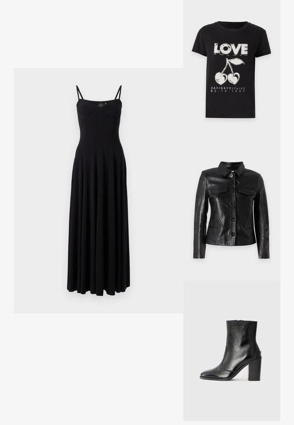 Juodas odinis švarkas su apykakle, priekyje užsegamas mygtuku, dviem krūtinės kišenėmis ir šoninėmis kišenėmis. Lygus paviršius, prigludusi siluetas.; Juoda maksi suknelė su plonais reguliuojamais petnešėlėmis, prigludusia liemene ir išplečiamu sijonu, pagaminta iš tamprus audinio. Yra sklandus paviršius.; Juodas medvilninis marškinėliai su balta grafika, kurioje pavaizduotas žodis "MEILĖ" ir dvi vyšnios širdies pavidalu, taip pat prekės ženklo tekstas ir data.; Juodas odinis kulkšninis batas su lygiu paviršiumi, smailiu pirštu ir masyviu aukštu kulnu. Savybė - šoninis atidarymas ir minimalistiškas dizainas.