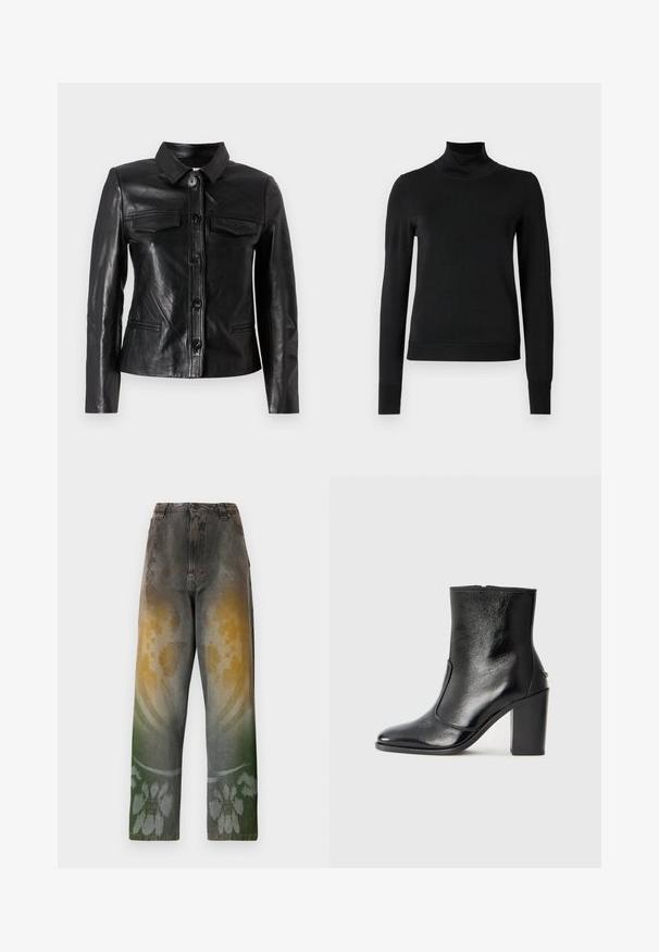 Juodas odinis švarkas su apykakle, priekyje užsegamas mygtuku, dviem krūtinės kišenėmis ir šoninėmis kišenėmis. Lygus paviršius, prigludusi siluetas.; Juoda ilgomis rankovėmis turtleneko tipo megztinis su rebruotomis rankovėmis ir apačia, eksponuojamas ant paprasto balto fono.; Aukštos juosmens džinsai iš nusidėvėjusio džinsinio audinio su gradientiniu raštu, derinančiu geltonos, žalios ir mėlynos spalvų atspalvius; gėlių raštas arčiau sijono krašto.; Juodas odinis kulkšninis batas su lygiu paviršiumi, smailiu pirštu ir masyviu aukštu kulnu. Savybė - šoninis atidarymas ir minimalistiškas dizainas.