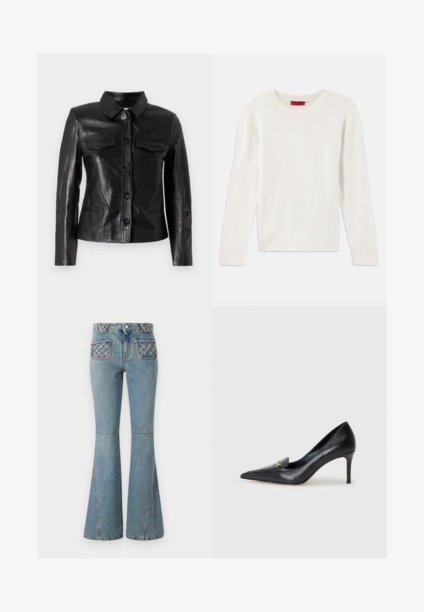Jachetă din piele neagră cu guler, închidere cu nasturi pe față, două buzunare la piept și buzunare laterale. Textură netedă cu o siluetă ajustată.; Pulover tricotat lung cu mânecă lungă de culoare crem, cu guler rotund și mansete și tiv cu dungi, așezat plat pe un fundal alb.; Jeans evazate de culoare albastru deschis, realizate din denim, cu un brâu împletit și accente de buzunare matlasate. Au talie ajustată și picioare largi.; Pantof cu toc din piele neagră, cu vârf ascuțit, decolteu adânc și un accent decorativ auriu. Prezintă un toc stiletto și o textură netedă.