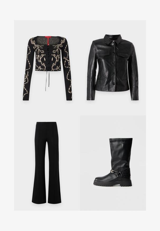 Czarna skórzana kurtka z kołnierzem, zapinana na guziki z przodu, posiadająca dwie kieszenie na piersi oraz kieszenie boczne. Gładka tekstura i dopasowany krój.; MAX&Co. FLORANIA MEDINA czarny; Czarne rozszerzane spodnie z wysokim stanem, wykonane z elastycznego materiału. Posiadają pionowe szwy z przodu oraz gładką teksturę.; Czarne kozaki za kolano wykonane z gładkiej skóry, z akcentem w postaci klamry po boku oraz grubą, teksturowaną podeszwą zapewniającą przyczepność.