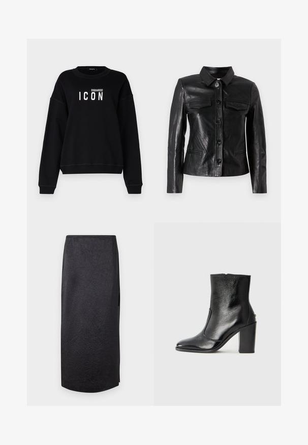 Giacca in pelle nera con colletto, chiusura frontale con bottoni, due tasche sul petto e tasche laterali. Tessuto liscio con una silhouette aderente.; Felpa nera con scollo rotondo, caratterizzata da una grafica bianca "ICON" e dal logo "DSQUARED2". Tessuto morbido, vestibilità rilassata, polsini a coste.; Gonna midi nera con una texture increspata, taglio dritto e spacco laterale. Il materiale sembra leggero. L'orlo è leggermente arrotondato.; Stivale alla caviglia in pelle nera, con una superficie liscia, punta affilata e tacco alto e massiccio. Presenta una apertura laterale e un design minimalista.