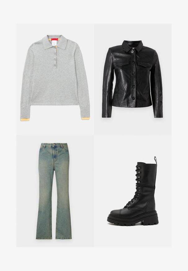 Chaqueta de cuero negra con cuello, cierre frontal de botones, dos bolsillos en el pecho y bolsillos laterales. Textura suave con un corte ajustado.; Polo de manga larga gris con cuello, que presenta cuatro botones en la parte delantera y puños acanalados con un acento amarillo en los extremos.; Vaqueros de campana de denim azul claro con cintura alta, cinco bolsillos y cremallera. Acabado limpio y deslavado con detalles de costura sutiles.; Botas de cuero negro con cordones, suela gruesa tipo "lug", caña alta y superficie texturizada, que cuentan con ojales metálicos y un tirador.