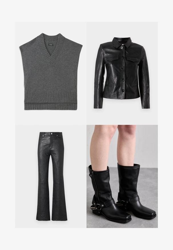 Juodas odinis švarkas su apykakle, priekyje užsegamas mygtuku, dviem krūtinės kišenėmis ir šoninėmis kišenėmis. Lygus paviršius, prigludusi siluetas.; Pilkas be rankovių megztinis su V formos iškirpte, įribuota apykakle ir kleštu. Minkšta mezgimo tekstūra, su subtiliu logotipo elementu arti apačios.; Juodos odinės platėjančios kelnės su subraižyta tekstūra, aukšta juosmens linija, priekinių kišenių ir klasikine mygtukų uždarymo sistema su užtrauktuku.; Juodos odinės iki kelių siekiančios bootai su kvadratiniu pirštu, šoniniu užtrauktuku ir reguliuojama juosta, kuri turi metalinę grandinėlę. Matinis paviršius ir tvirta padas.