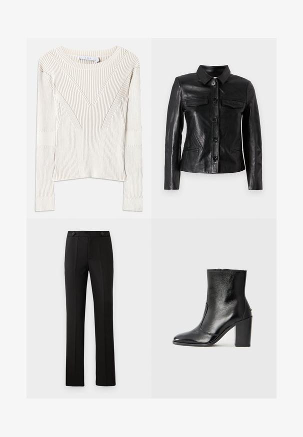 Fekete bőrkabát, gallérral, elülső gombos záródással, két mellyzsebbel és oldalsó zsebekkel. Simább textúrájú, testhezálló fazon.; Ráncos krémszínű pulóver széles nyakkivágással, hosszú ujjakkal és szembetűnő szögletes mintákkal az elején és az ujjakon, textúrált felülettel.; Fekete, szabott nadrág egyenes lábbal, két elülső zsebbel, gombos záródással és plisszé részletezéssel elöl. Simább anyagú textúra.; Fekete bőr bokacipő sima textúrával, hegyes orral és vastag, magas sarkával. Oldalnyílással és minimalista dizájnnal rendelkezik.