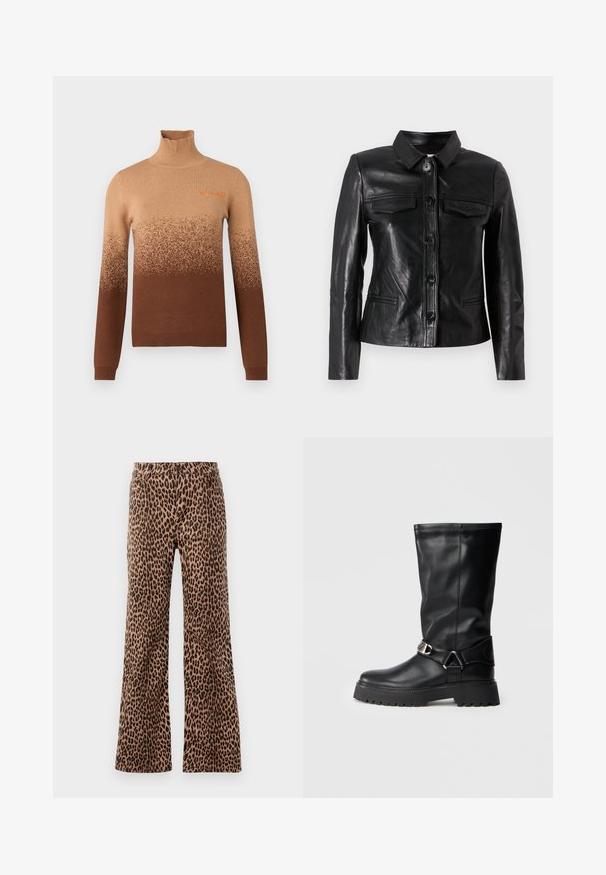 Black leather jacket with a collar, front button closure, two chest pockets, and side pockets. Smooth texture with a fitted silhouette.; Brown turtleneck sweater featuring a gradient design with lighter shades at the top, transitioning to darker brown at the hem. Embroidered detail.; Leopard print wide-leg pants in beige and black, featuring a smooth texture and tapered hem. Design with standard waistband and pockets.; Black knee-high boots made of smooth leather, featuring a buckle accent on the side and a thick, textured sole for grip.