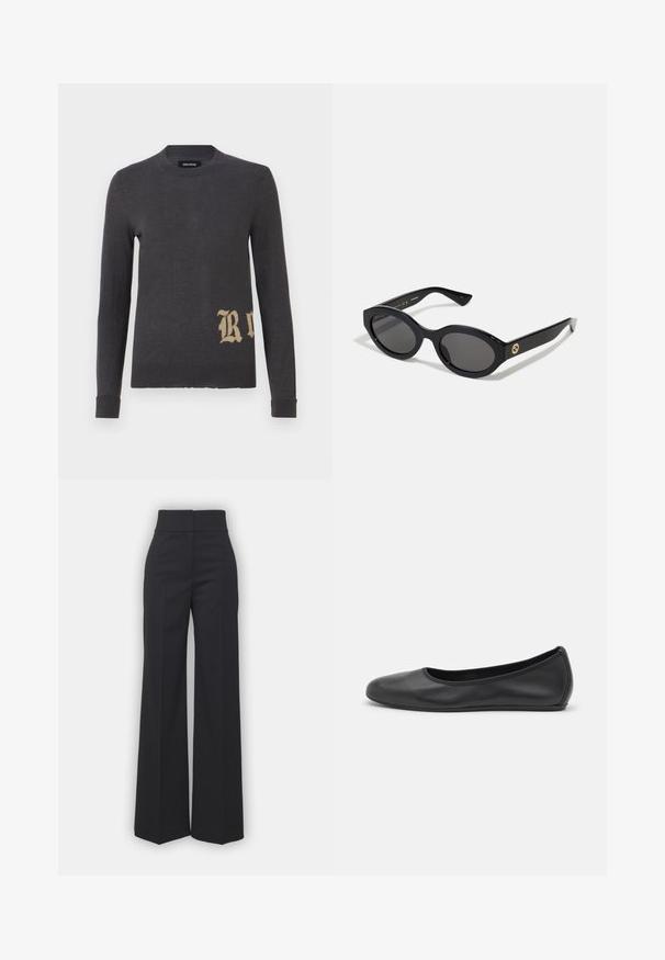 Giacca in pelle nera con colletto, chiusura frontale con bottoni, due tasche sul petto e tasche laterali. Tessuto liscio con una silhouette aderente.; Maglione grigio a maniche lunghe in morbido tessuto a maglia, con una grande lettera "R" beige in basso a sinistra. Collo rotondo e polsini aderenti.; Pantaloni a gamba larga in tessuto nero con vita alta, caratterizzati da una finitura pulita e una texture liscia. Nessun hardware visibile o motivi.; Pantofole da balletto nere in pelle con punta arrotondata, texture liscia, dettagli di cucitura minimi e design con suola flessibile.; Occhiali da sole neri a forma ovale con lenti scure e montatura in plastica lucida. Presentano un logo dorato sulla stanghetta, offrendo un design elegante e moderno.