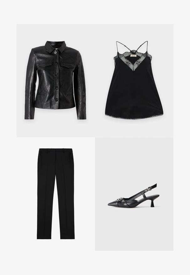 Chaqueta de cuero negra con cuello, cierre frontal de botones, dos bolsillos en el pecho y bolsillos laterales. Textura suave con un corte ajustado.; Camiseta negra sin mangas con tirantes ajustables, con un escote de encaje en forma de pico y bordes ondulados. Tejido suave con un ligero brillo.; Pantalones de traje negros con una textura suave, presentando un frente plano, dos bolsillos laterales y un diseño clásico de pierna recta.; Zapato de slingback negro de piel con punta afilada, correas decorativas con ojales de metal y un tacón bajo y ancho. Superficie texturizada.