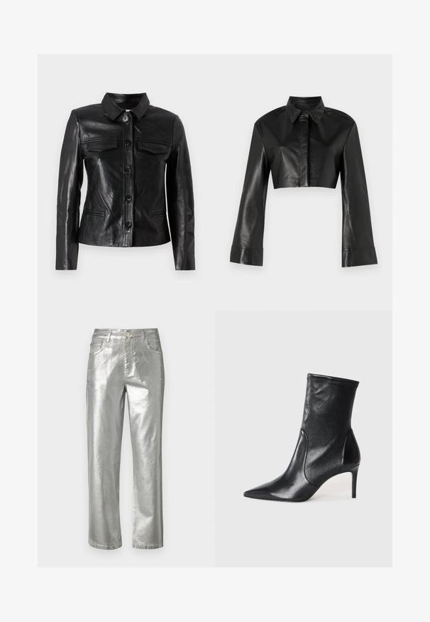 Giacca in pelle nera con colletto, chiusura frontale con bottoni, due tasche sul petto e tasche laterali. Tessuto liscio con una silhouette aderente.; Giacca in pelle nera cropped con colletto e maniche lunghe svasate. Presenta una chiusura frontale con bottoni e una texture liscia e lucida.; Jeans metallici argento con gamba dritta, design a cinque tasche, chiusura con zip e bottone. Texture liscia con una finitura lucida.; Stivali neri alla caviglia realizzati in pelle liscia, caratterizzati da un punta affusolata, stivale aderente e un tacco alto e sottile. Design minimalista senza hardware visibile.