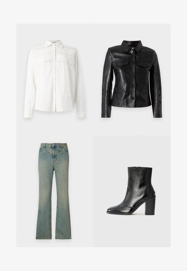 Veste en cuir noir avec un col, fermeture par boutons sur le devant, deux poches poitrine et des poches latérales. Texture lisse avec une silhouette ajustée.; Paul & Joe ROYAN - Chemisier - blanc; Jean flare en denim bleu clair à taille haute, cinq poches et fermeture éclair. Fini propre et décoloré avec des détails de couture subtils.; Bottine en cuir noir, avec une texture lisse, un bout pointu et un talon chunky haut. Présente une ouverture sur le côté et un design minimaliste.