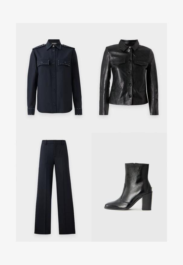 Jachetă din piele neagră cu guler, închidere cu nasturi pe față, două buzunare la piept și buzunare laterale. Textură netedă cu o siluetă ajustată.; Cămașă bleumarin cu mâneci lungi, închidere cu nasturi și două buzunare frontale. Prezintă ținte argintii pe buzunare și mansete, fabricată dintr-un material neted.; Pantaloni cu croi larg, de culoare neagră. Croi ajustat cu o textură netedă. Prezentază o serie de nituri metalice de-a lungul cusăturilor laterale pentru detaliu.; Botină din piele neagră, cu o textură netedă, vârf ascuțit și toc gros, înalt. Dispune de o deschidere laterală și un design minimalist.