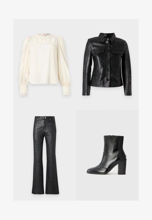 Schwarze Lederjacke mit Kragen, vorderer Knopfverschluss, zwei Brusttaschen und Seitentaschen. Glatte Textur mit taillierter Silhouette.; Cremfarbene Bluse mit hohem Rüschkragen, aufwendigen Spitzenapplikationen, gefältelter Vorderseite und Puffärmeln. Die Manschetten sind mit vertikalen Streifen und Spitzenbesatz versehen.; Schwarze, ausgestellte Lederhosen mit knitteriger Textur, hoher Taille, Fronttaschen sowie einem klassischen Knopfverschluss mit Reißverschluss.; Schwarze Leder-Stiefelette mit glatter Textur, spitzem Fuß und klobigem hohen Absatz. Verfügt über eine seitliche Öffnung und ein minimalistisches Design.