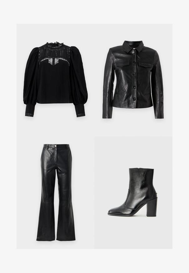 Crna kožna jakna s ovratnikom, prednjim zatvaranjem na dugme, dva džepa na prsima i bočnim džepovima. Glatka tekstura s prilagođenim siluetom.; Crna bluzica s visokim čipkastim ovratnikom, nabranim prednjim dijelom i nabranim rukavima. Čipkasti detalji na izrezu i manžetama dodaju eleganciju. Glatka tekstura.; Crne hlače od umjetne kože s visokim strukom, kopčanjem na dugme, petljama za pojas i raširenim nogavicama na bijeloj pozadini.; Crna kožna čizma do gležnjeva s glatkom teksturom, špicastim vrhom i debelim visokim potpeticama. Ima bočni otvor i minimalistički dizajn.