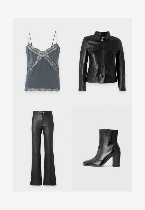 Black leather jacket with a collar, front button closure, two chest pockets, and side pockets. Smooth texture with a fitted silhouette.; Dark gray camisole with thin adjustable straps, lace detailing along the neckline and hem, smooth fabric, and scalloped edges.; Black leather flared pants featuring a crinkled texture, high waist, front pockets, and a classic button closure with zip fly.; Black leather ankle boot with a smooth texture, pointed toe, and a chunky high heel. Features a side opening and minimalistic design.