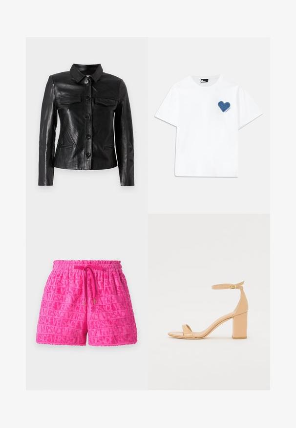 Juodas odinis švarkas su apykakle, priekyje užsegamas mygtuku, dviem krūtinės kišenėmis ir šoninėmis kišenėmis. Lygus paviršius, prigludusi siluetas.; Balta medvilninė marškinėliai su trumpomis rankovėmis ir apvaliu kaklu. Kairėje krūtinės pusėje yra mėlynos džinsinės širdies aplikacija su tekstu po ja.; Rožinės frotinės šortai su elastinga juosta ir raišteliu, turintys iškilų modelį su žodžiu "VERSACE."; Nuogi patentinio odos aukštakulniai sandalai su kvadratiniu noseliu, kulkšnies dirželiu ir masyviais blokiniais kulnais. Lygi tekstūra ir minimalūs dizaino elementai.