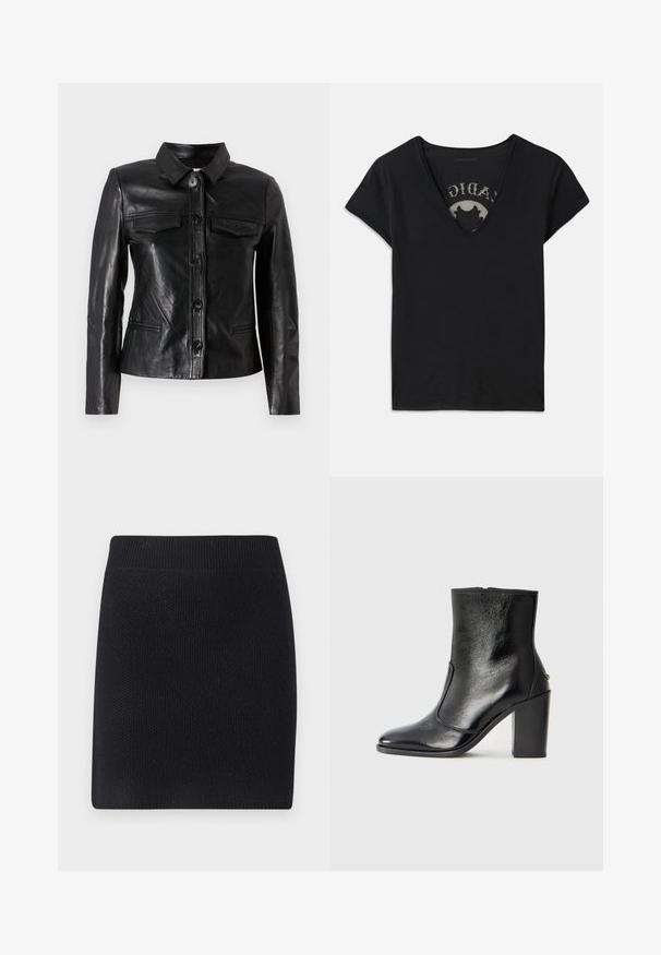 Veste en cuir noir avec un col, fermeture par boutons sur le devant, deux poches poitrine et des poches latérales. Texture lisse avec une silhouette ajustée.; T-shirt noir à manches courtes avec un décolleté en V profond, présentant un panneau en maille et un design imprimé sur la couche intérieure. Tissu doux et respirant.; Jupe noire en tricot à forme droite. Dotée d'une large ceinture côtelée et d'une finition texturée, elle est adaptée pour un style décontracté.; Bottine en cuir noir, avec une texture lisse, un bout pointu et un talon chunky haut. Présente une ouverture sur le côté et un design minimaliste.