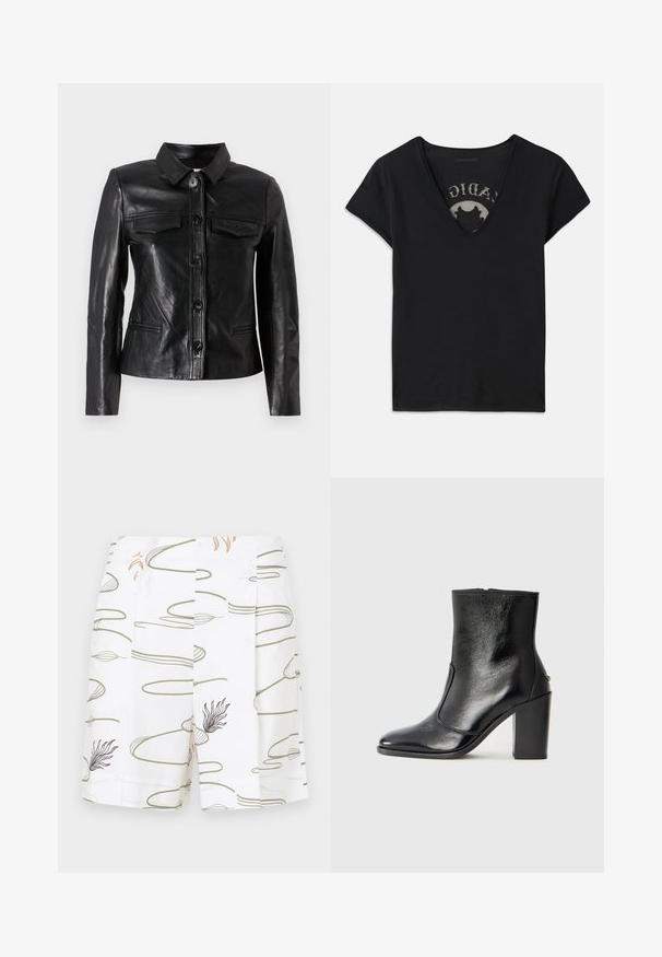 Čierna kožená bunda s golierom, predným zapínaním na gombíky, dvoma náprsními vreckami a bočnými vreckami. Hladká textúra s priliehavým strihom.; Čierne tričko s krátkym rukávom a hlbokým V-výstrihom, so sieťovanou panelou a potlačou na vnútornej vrstve. Mäkko a priedušne materiál.; Biele šortky s prúžkovaným abstraktným vzorom v zelených a hnedých farbách, s plisovaním a hladkým povrchom.; Čierna kožená kotníková obuv s hladkým povrchom, špicatou špičkou a masívnym vysokým podpätkom. Zdobená bočným otvorom a minimalistickým dizajnom.