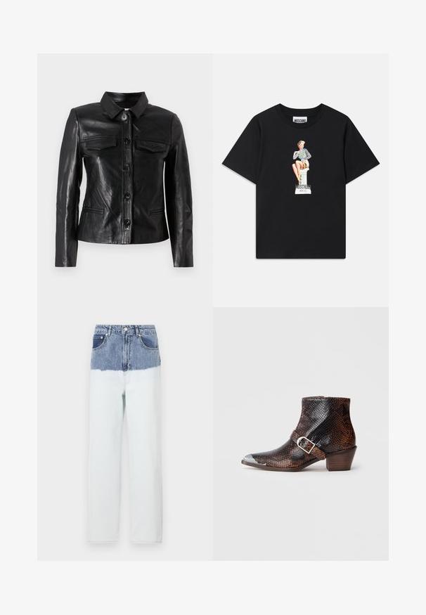 Black leather jacket with a collar, front button closure, two chest pockets, and side pockets. Smooth texture with a fitted silhouette.; Black cotton t-shirt featuring a printed graphic of a woman in a striped top, sitting on a pedestal with "Moschino Jeans" text below.; Denim jeans with a blue top section fading into a lighter blue lower section. Features five pockets, a button closure, and straight leg design.; Black and brown snake-print ankle boots with a silver toe cap, buckle accent, and a low wooden heel. Smooth texture, fitted design.