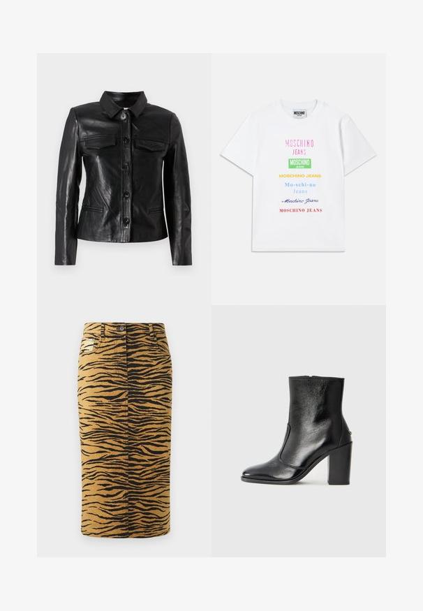 Juodas odinis švarkas su apykakle, priekyje užsegamas mygtuku, dviem krūtinės kišenėmis ir šoninėmis kišenėmis. Lygus paviršius, prigludusi siluetas.; Balta medvilninė marškinėliai su keliais tekstiniais logotipais rožinės, žalios, geltonos, mėlynos ir raudonos spalvų, išdėstyti vertikaliai priekyje.; Tigroju raštu sijoną, kuriame dominuoja auksinė spalva su juodais raštais. Pagamintas iš džinsinio audinio, turi tiesų siluetą ir kišenes.; Juodas odinis kulkšninis batas su lygiu paviršiumi, smailiu pirštu ir masyviu aukštu kulnu. Savybė - šoninis atidarymas ir minimalistiškas dizainas.