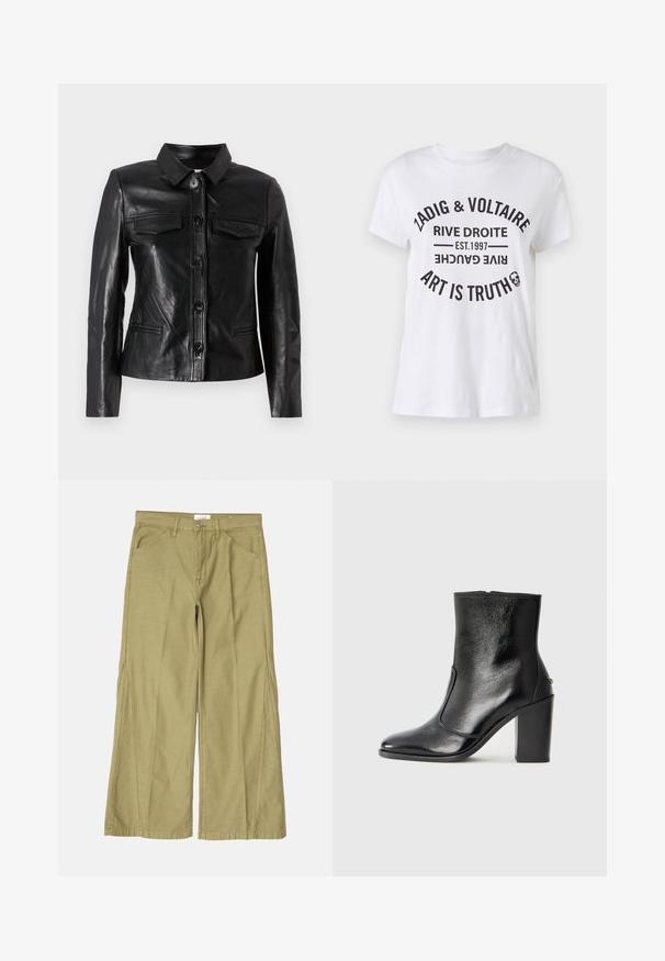 Crna kožna jakna s ovratnikom, prednjim zatvaranjem na dugme, dva džepa na prsima i bočnim džepovima. Glatka tekstura s prilagođenim siluetom.; Bijela pamučna majica s odvažnim crnim tekstom koji sadrži naziv branda, lokaciju, godinu osnivanja i slogan u kružnom rasporedu. Okrugli izrez.; Hlače širokog kroja od svijetlo maslinasto zelene pamuka, s patentnim zatvaračem, prednjim džepovima i prošivenim detaljima uz šavove.; Crna kožna čizma do gležnjeva s glatkom teksturom, špicastim vrhom i debelim visokim potpeticama. Ima bočni otvor i minimalistički dizajn.