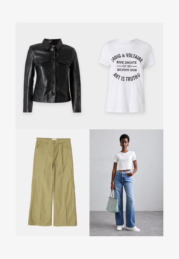 Zwarte leren jas met een kraag, sluiting met knopen aan de voorkant, twee borstzakken en zijzakken. Glad textuur met een getailleerde silhouet.; Witte katoenen t-shirt met gedurfde zwarte tekst met merknaam, locatie, oprichtingsdatum en slogan in een circulair ontwerp. Ronde hals.; Brede broekspijpen in licht olijfgroene katoen, met een rits, voorkantzakken en gestikte details langs de naden.; Witte geribde crop top, lichtblauwe wijde jeans en witte sneakers. Houdt een groen-wit gestreepte tote bag vast.